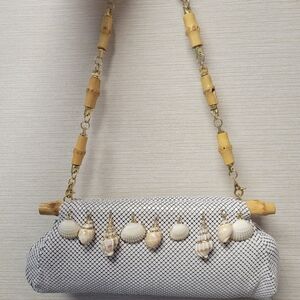 Whiting & Davis White Mesh Purse with Seashells and Bamboo Chain